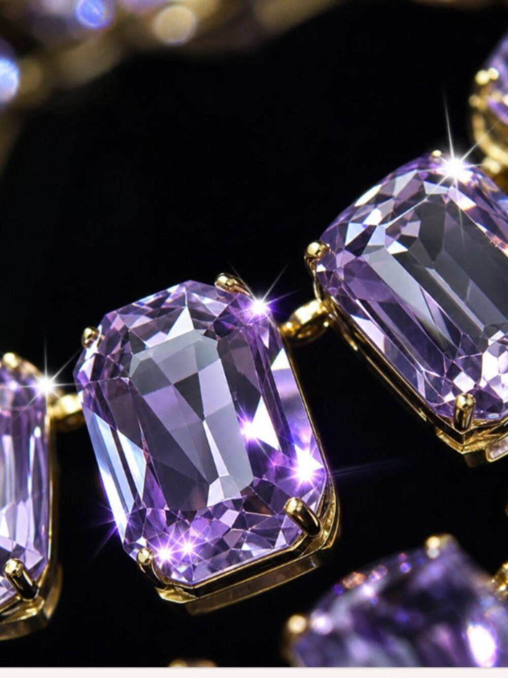 Lavender Purple Crystal Emerald Cut Statement Necklace Gold Tone